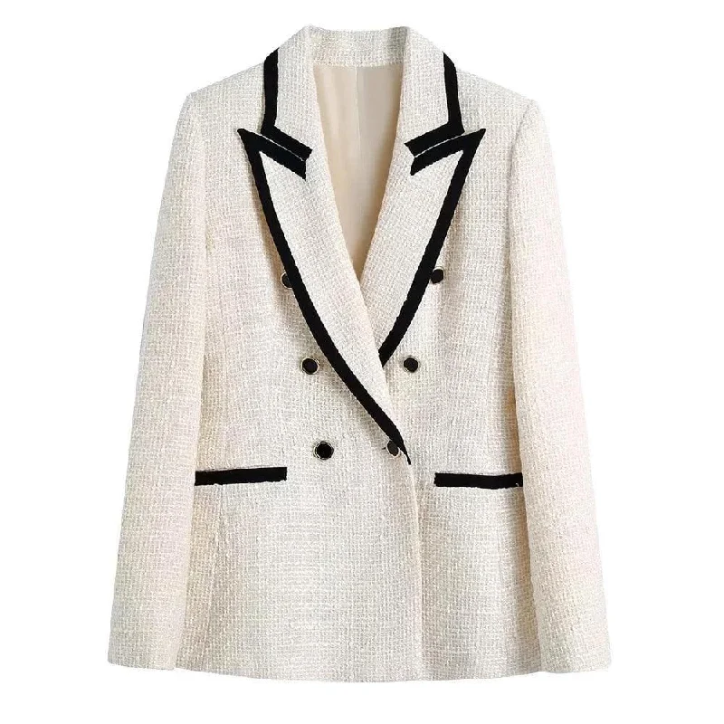 Plus Size Women's Military - Inspired Blazers with Gold Accents for a Bold LookChic Off-White Tweed Blazer Women - Vintage - Patchwork