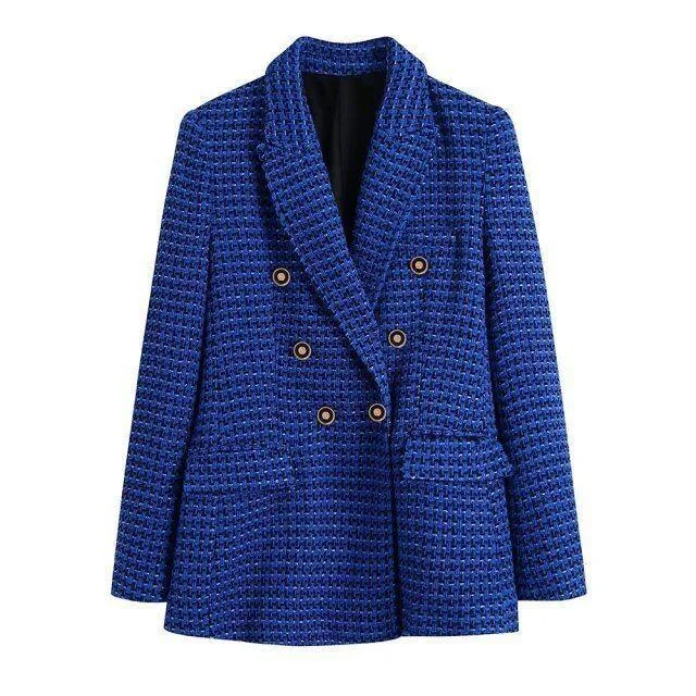 Plus Size Women's Military - Inspired Blazers with Gold Accents for a Bold LookDark Blue Tweed Blazer Women - Casual - Plaid