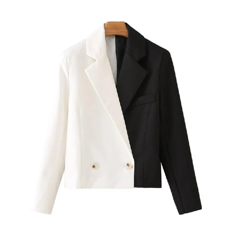 Plus Size Women's Double - Breasted Wool Blazers for Winter Office WearBlack-White Crop Blazer Women - Casual - Patchwork