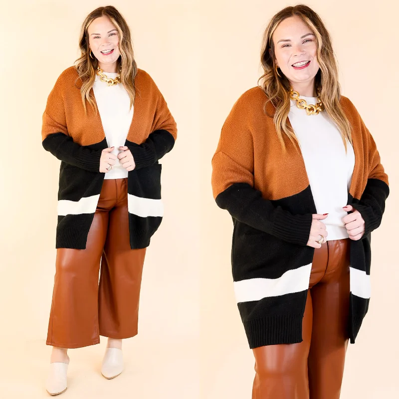 cable knit women cardigan with intricate patternsBonfire Date Color Block Cardigan in Rust Brown