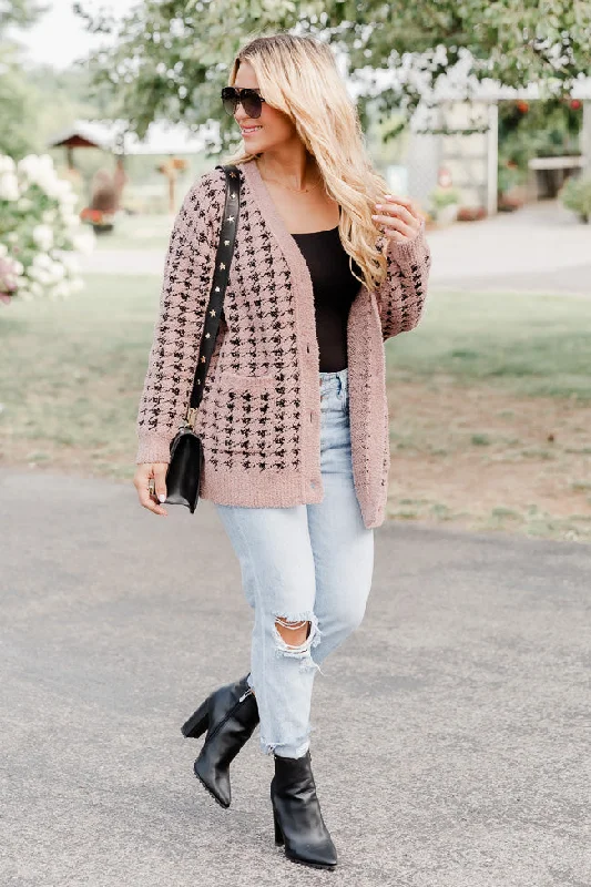 oversized women cardigan for a trendy and cozy lookAt Your Best Brown And Black Fuzzy Houndstooth Cardigan  FINAL SALE