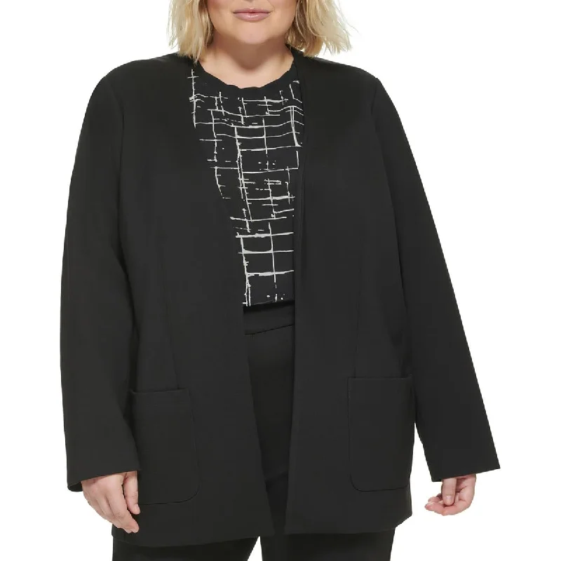 Plus Size Women's Double - Breasted Wool Blazers for Winter Office WearCalvin Klein Womens Plus Solid Ponte Collarless Blazer