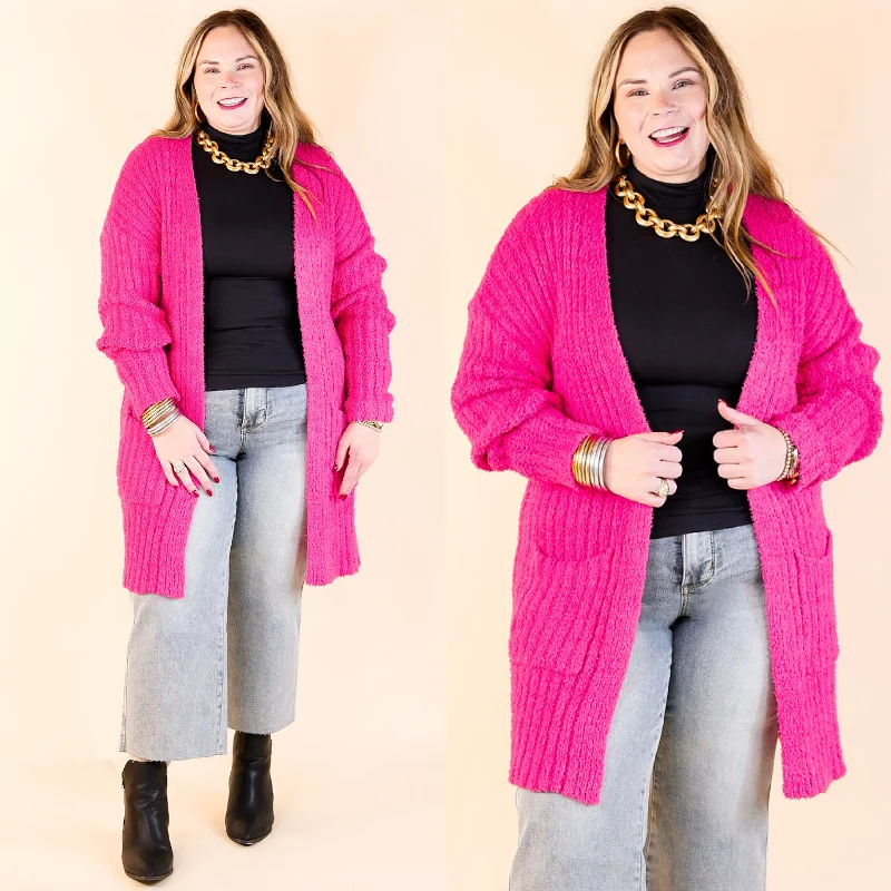 oversized women cardigan for a trendy and cozy lookCold Brew And Cuddles Long Sleeve Cardigan with Pockets in Hot Pink