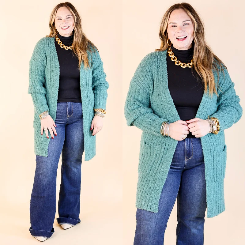 ribbed women cardigan with a classic textureCold Brew And Cuddles Long Sleeve Cardigan with Pockets in Teal