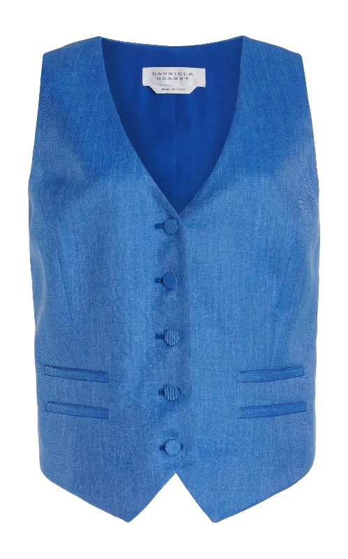 Single - Breasted Women's Linen Blend Blazers in Earth Tones for Casual WearColeridge Vest in Sapphire Virgin Wool and Silk Linen