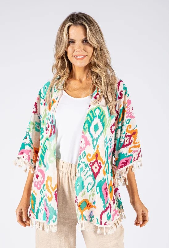 machine washable women cardigan for easy careColour Mix Kimono with Tassel Hem