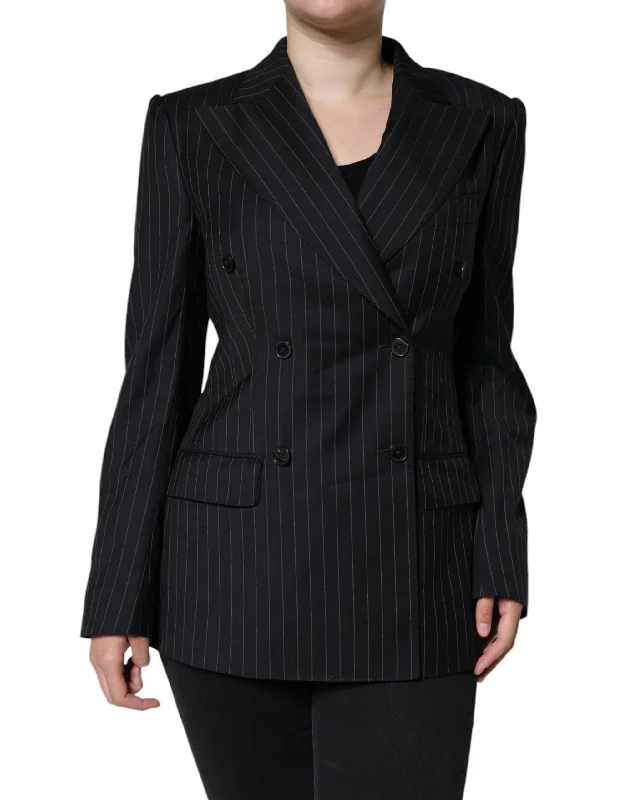 Women's Tailored Stretch Blazers in Navy Blue for Business MeetingsDolce & Gabbana Black Striped Double Breasted Coat Jacket