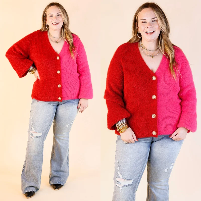 cropped women cardigan to pair with high - waisted jeansFireside Feels Color Block Button Up Cardigan with Balloon Sleeves in Hot Pink and Red