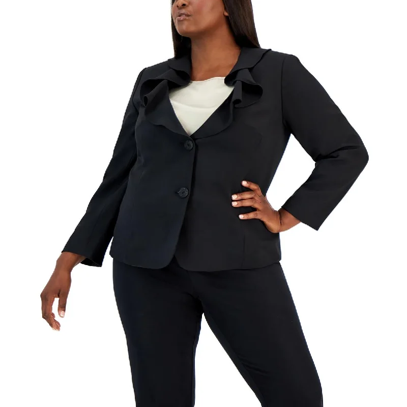 Plus Size Women's Faux Fur - Trimmed Blazers in Black for a Luxurious LookKasper Womens Plus Ruffled Collar Suit Separate Two-Button Blazer