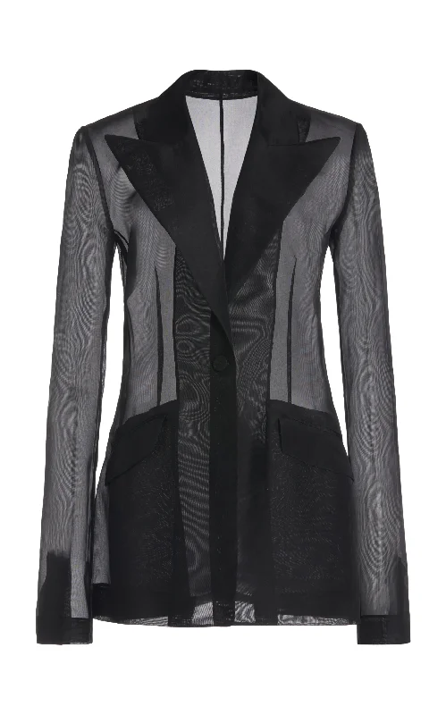 Oversized Women's Checkered Blazers in Black and White for a Trendy StyleLeiva Sheer Blazer in Black Silk Organza