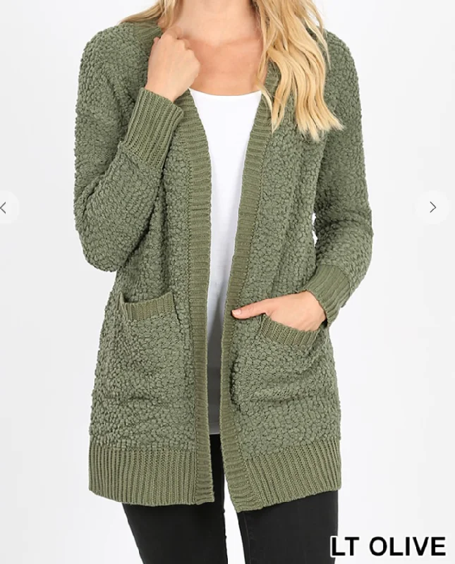 cashmere blend women cardigan for a luxurious feelLong Sleeve Popcorn Pocket Cardigan - 4 Colors