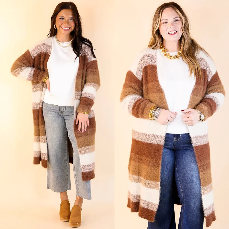 color block women cardigan with bold huesLost in Layers Striped Eyelash Cardigan in Rust Mix