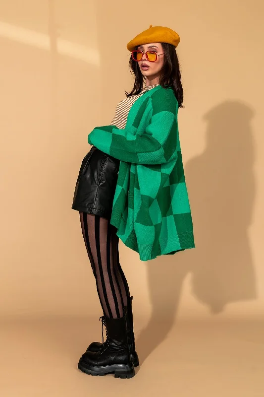 hooded women cardigan for added warmth and styleLove You Oversized Checkerboard Cardigan in Green Girl