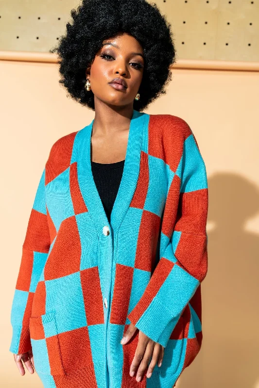 color block women cardigan with bold huesLove You Oversized Checkerboard Cardigan in September Sunset