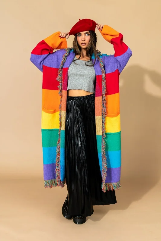 long length women cardigan with side slitsLuxe Fringe Blanket Cardigan in Chasing Rainbows