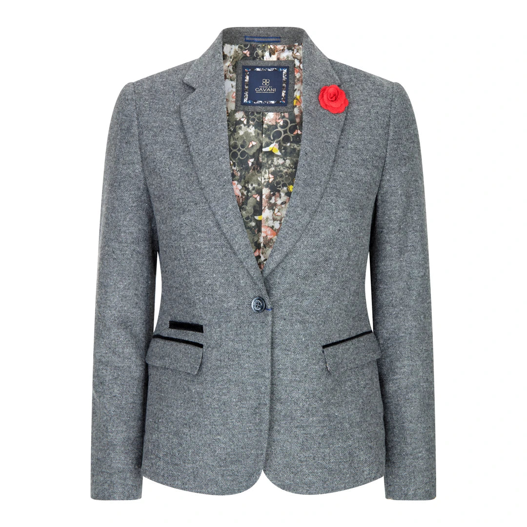 Double - Breasted Women's Polyester Blazers in Bright Colors for a Fun StyleMartez - Women Grey Herringbone Blazer Tweed Check 1920's Gatsby Blinders