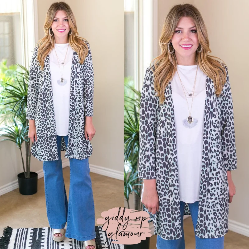 long length women cardigan with side slitsAll Eyes On You Leopard Cardigan in Mint and Grey