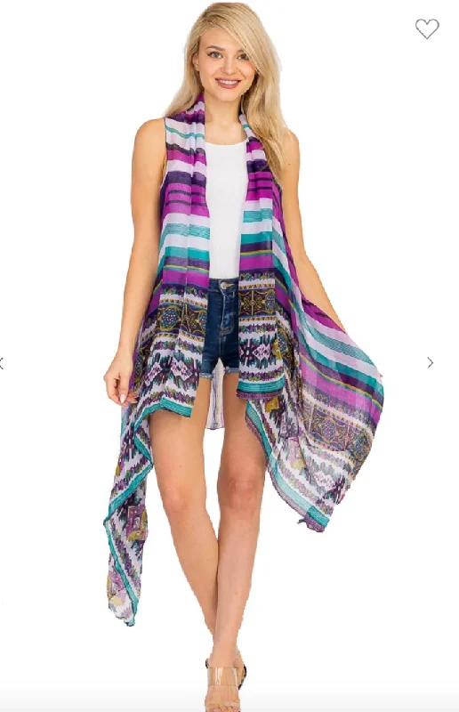 boyfriend style women cardigan for a relaxed fitMulti Stripe Tribal Trim Sleeveless Kimono Vest - 2 Colros