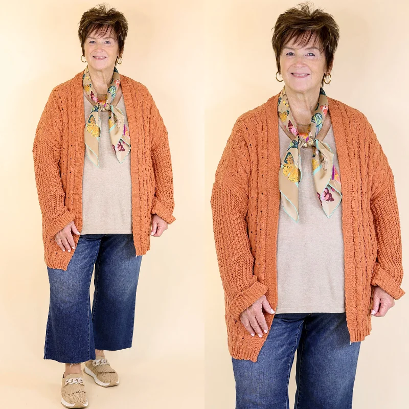 ribbed women cardigan with a classic textureOn My Level Chenille Cable Knit Open Front Cardigan in Canyon Clay Orange