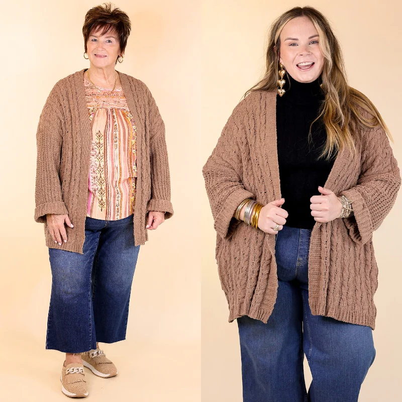 hooded women cardigan for added warmth and styleOn My Level Chenille Cable Knit Open Front Cardigan in Cappuccino Brown