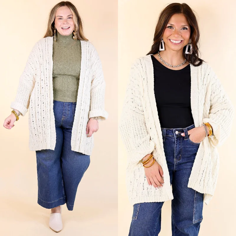 cashmere blend women cardigan for a luxurious feelOn My Level Chenille Cable Knit Open Front Cardigan in Ivory