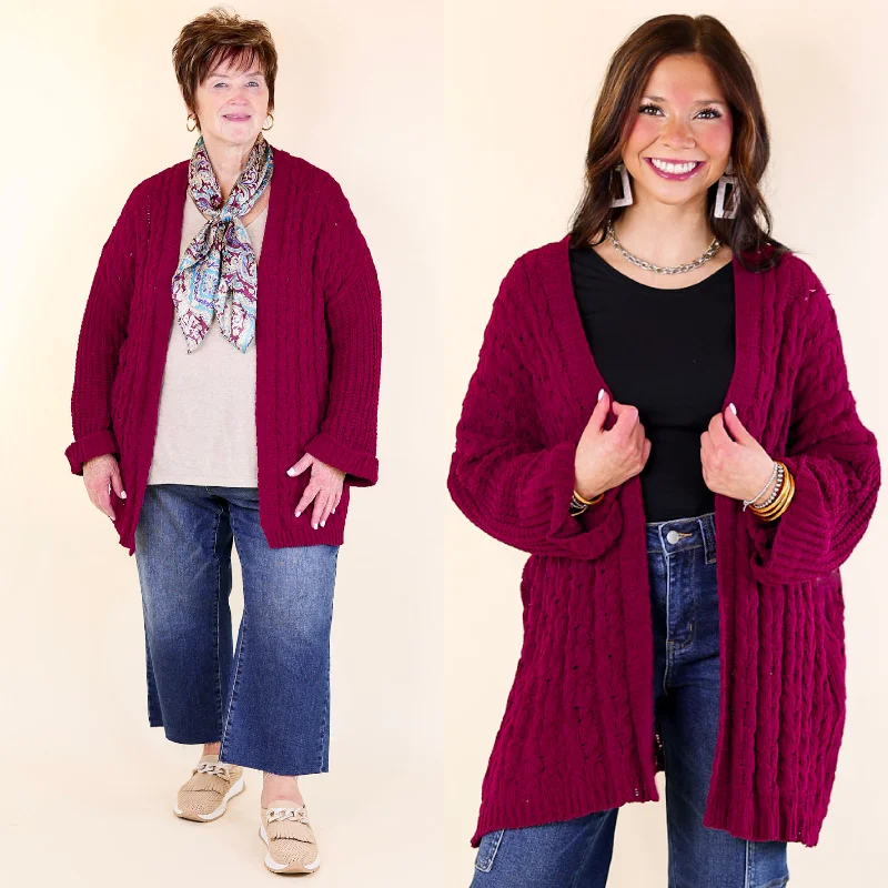 v neck women cardigan to elongate the necklineOn My Level Chenille Cable Knit Open Front Cardigan in Maroon