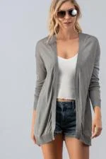 cropped women cardigan to pair with high - waisted jeansGrey Open Front Drop Shoulder Cardigan