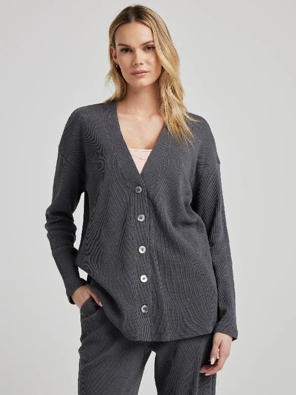 long length women cardigan with side slitsRelaxed Cardigan - Charcoal