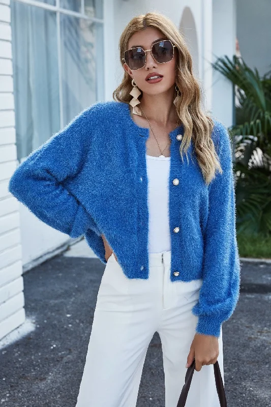 long length women cardigan with side slitsRound Neck Dropped Shoulder Fuzzy Cardigan