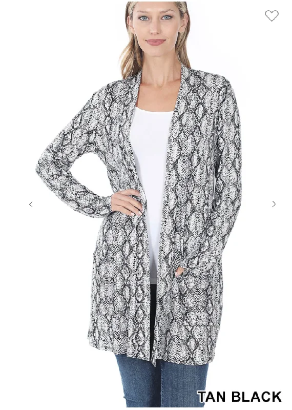 plus size women cardigan for comfortable layeringSnake Print Pocket Cardigan - 2 Colors