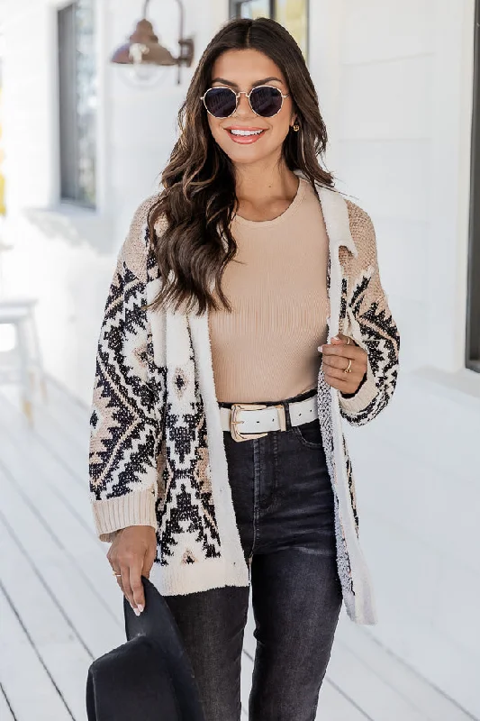 boyfriend style women cardigan for a relaxed fitSomething More Beige And Black Fuzzy Southwestern Print Shacket