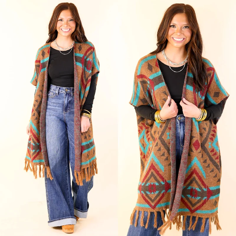 cashmere blend women cardigan for a luxurious feelSouth Texas Sunset Aztec Print Wrap Poncho Vest in Turquoise and Camel