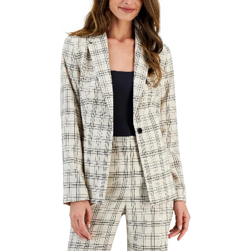 Women's Belted Blazers in Camel Color for a Sophisticated OutfitT Tahari Womens Plaid Linen One-Button Blazer