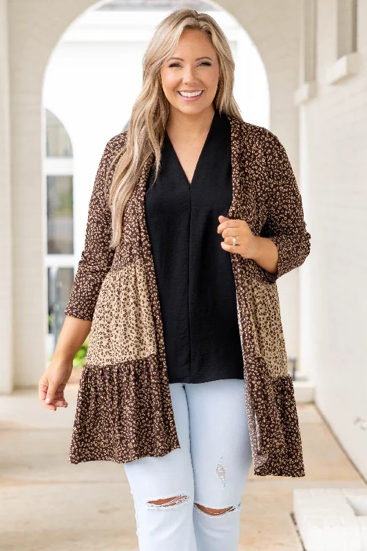 ribbed women cardigan with a classic textureUnder The Stars Cardigan, Brown