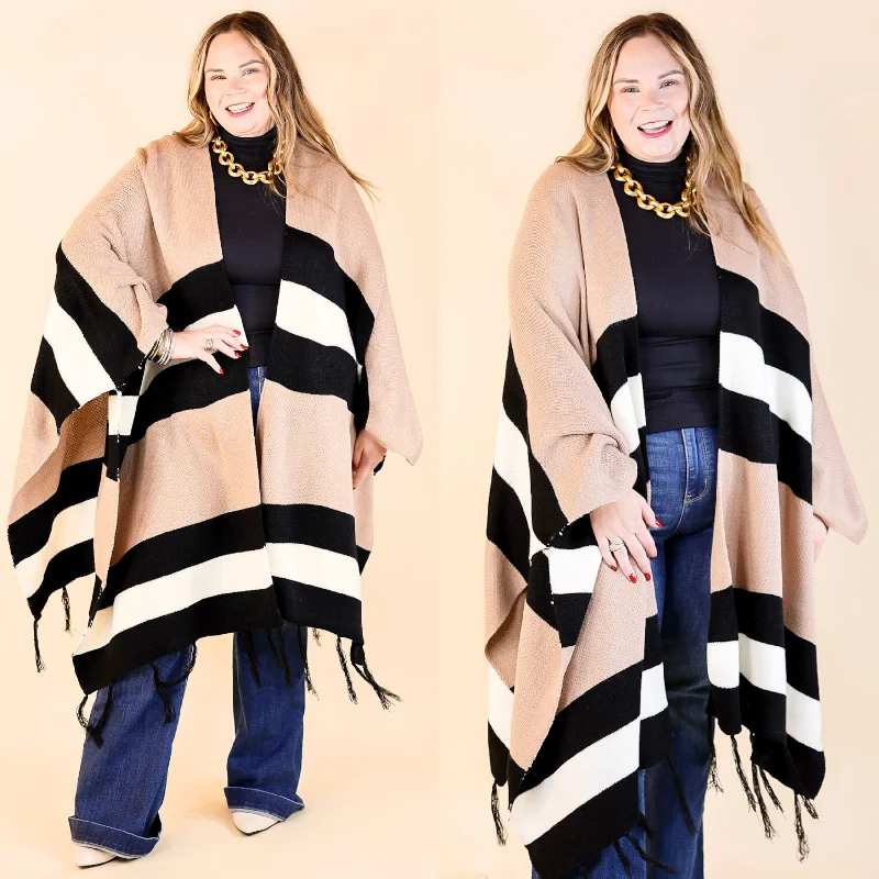 hooded women cardigan for added warmth and styleWarmest Wishes Striped Poncho Cardigan with Tassel Fringe in Mocha, Ivory, and Black