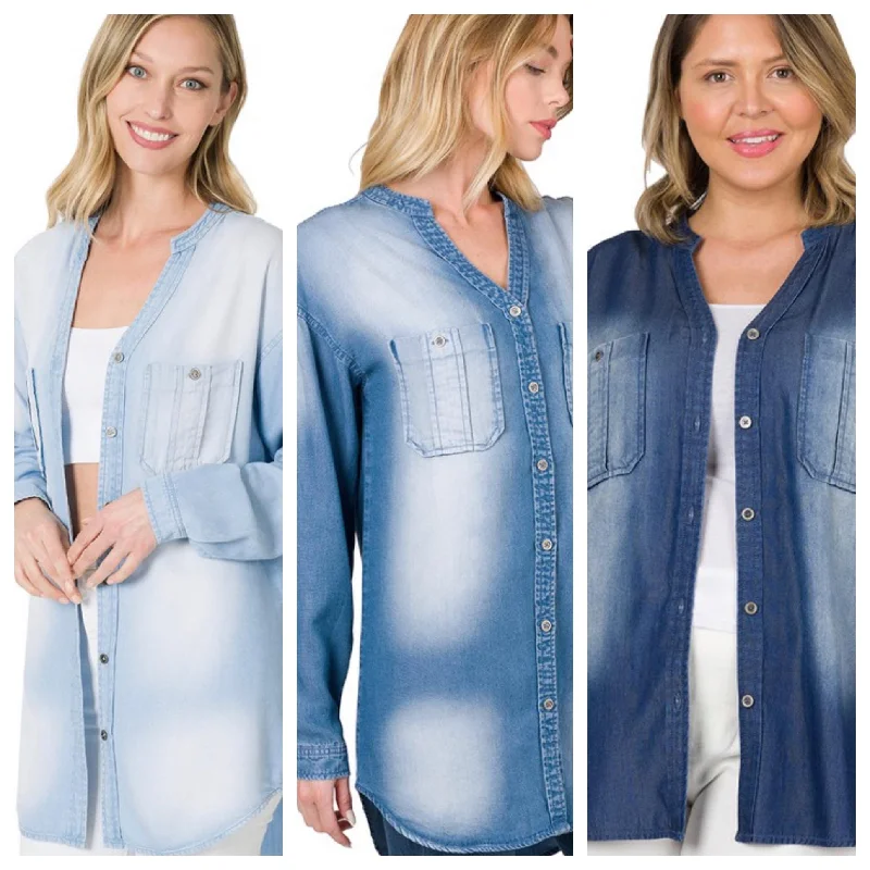 open front women cardigan for easy stylingWash blue denim Chambray