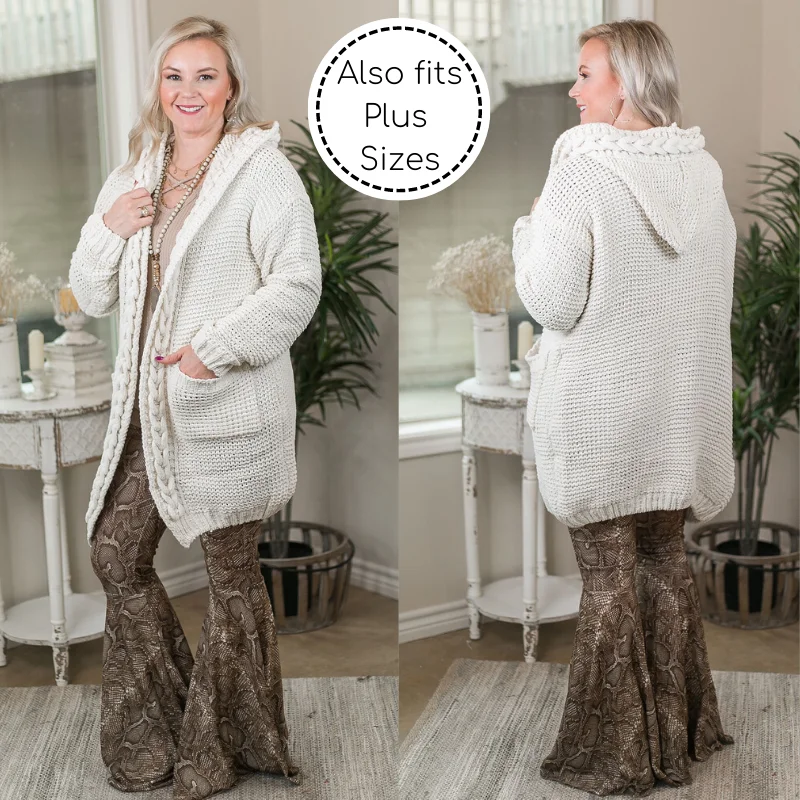 open front women cardigan for easy stylingBare The Cold Long Sleeve Knit Cardigan with Hood & Braided Trim in Ivory