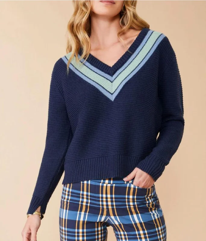 Midi - Length Women's Shetland Wool Sweater Dresses in Traditional PatternsAster V-Neck Pullover Deep Indigo Stripe