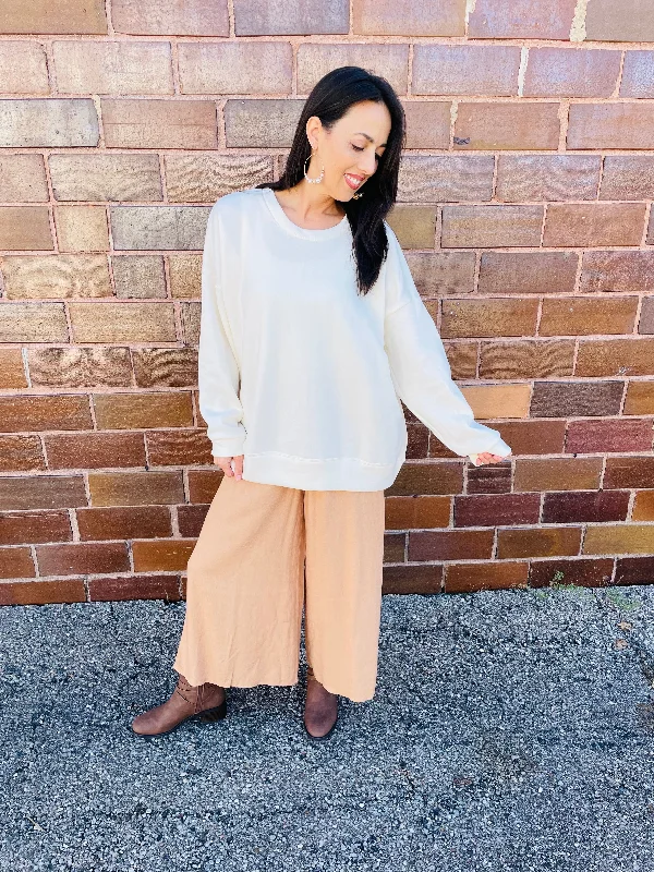 Plus Size Women's Side - Slit Sweaters in Bold SolidsCamel - Wide Leg Linen Pants