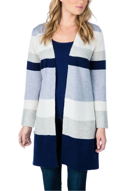 Plus Size Women's Fit - and - Flare Sweater Dresses with Ruffled HemBold Stripes Cardigan In Blue Multi