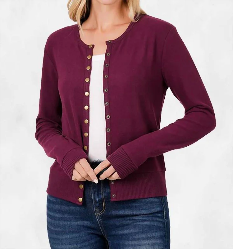 Knee - Length Women's Wool Blend Sweater Dresses in Neutral ColorsBriana Crew Neck Snap Button Cardigan In Dark Burgundy