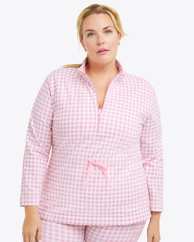 Split - Hem Women's Linen Blend Sweaters for SpringCinch Waist Quarter-Zip in Pink Gingham