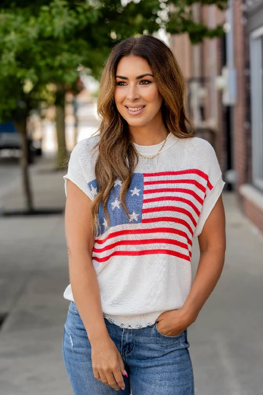 Button - Down Women's Shetland Wool Sweaters in Traditional PatternsDistressed American Flag Short Sleeve Sweater