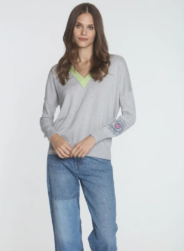 Bell - Sleeve Women's Mohair - Wool Blend SweatersEvelyn Deep Vee - Pumice/lime