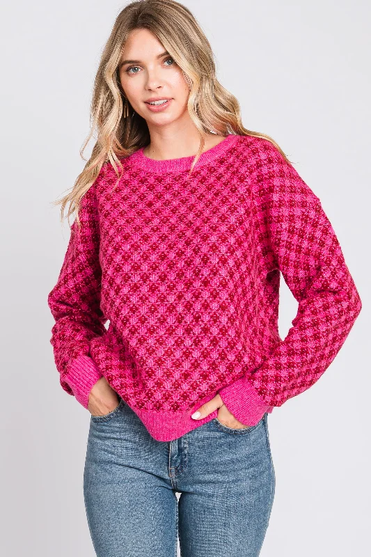 Plus Size Women's Turtleneck Sweater Dresses with Side SlitsFuchsia Diagonal Houndstooth Sweater Dress