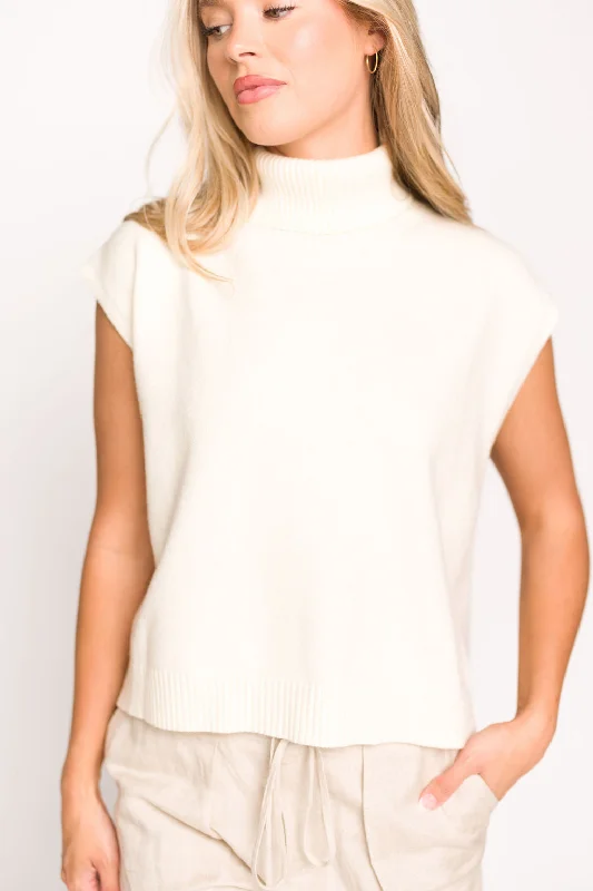 Sleeveless Women's Silk - Trimmed Sweaters for SummerKat High-Low Turtleneck Sweater in Coconut Milk