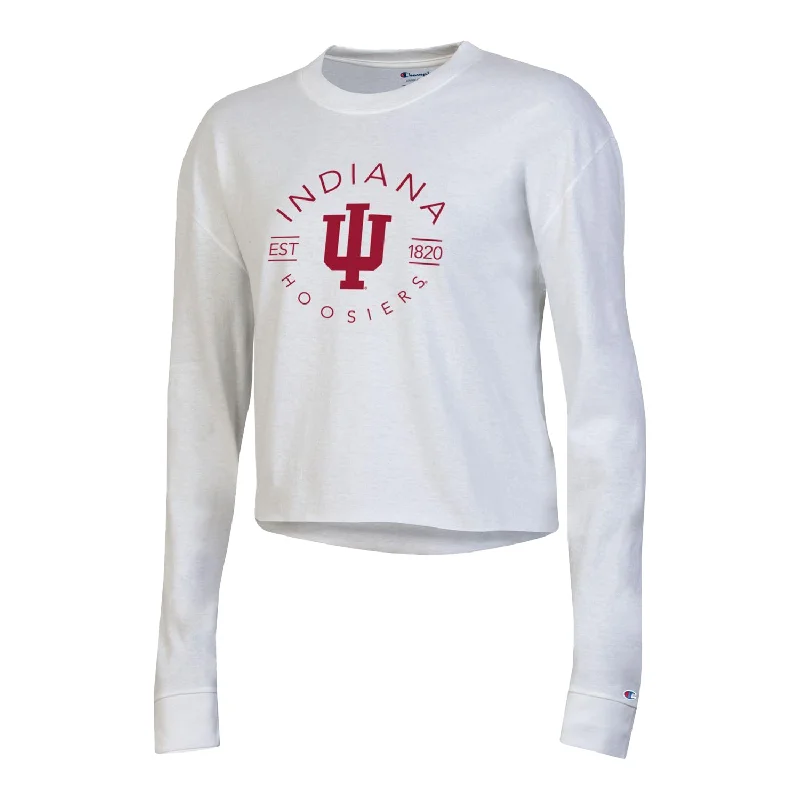 Embroidered Women T Shirt with Intricate DetailsLadies Indiana Hoosiers Boyfriend Crop White Long Sleeve T-Shirt