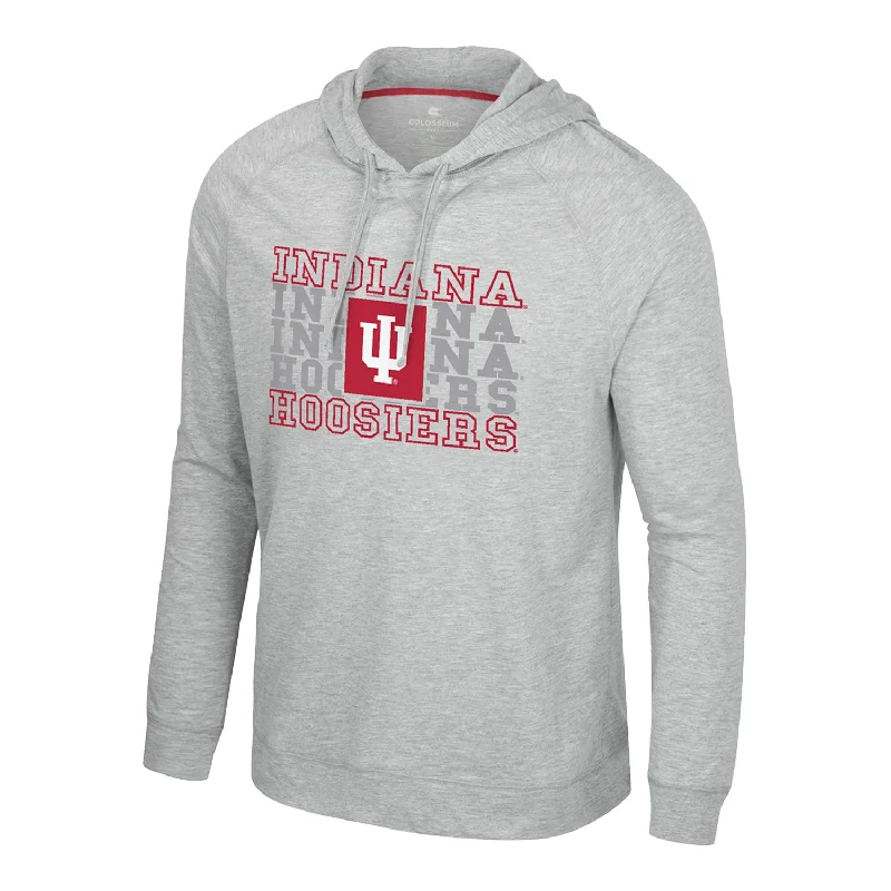 Distressed Women T Shirt with a Laid - Back AestheticIndiana Hoosiers Compensation Hooded Long Sleeve Grey T-Shirt