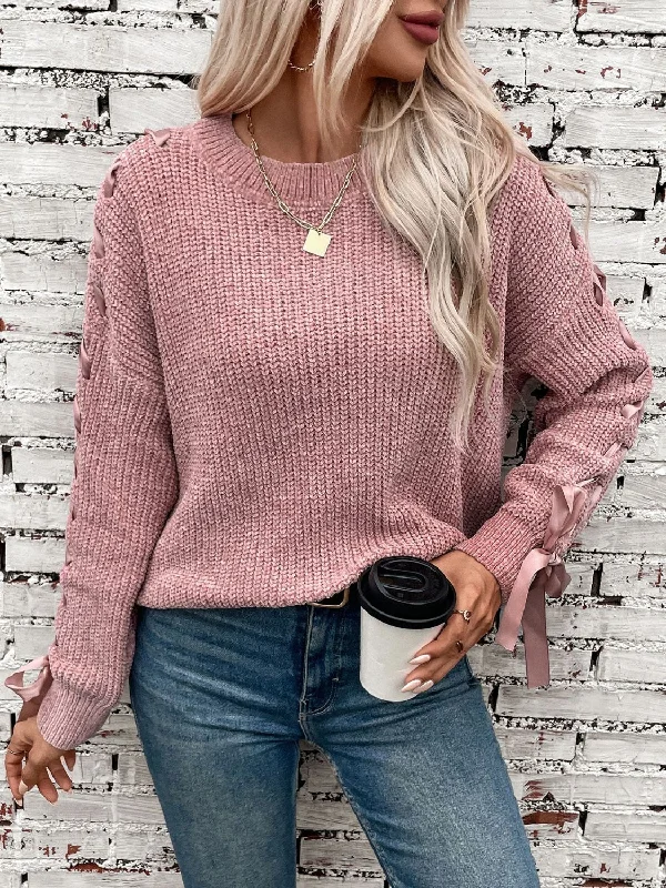 Short Sleeve Women's Cotton Blend Sweaters in Pastel ColorsLace Up Round Neck Long Sleeve Sweater