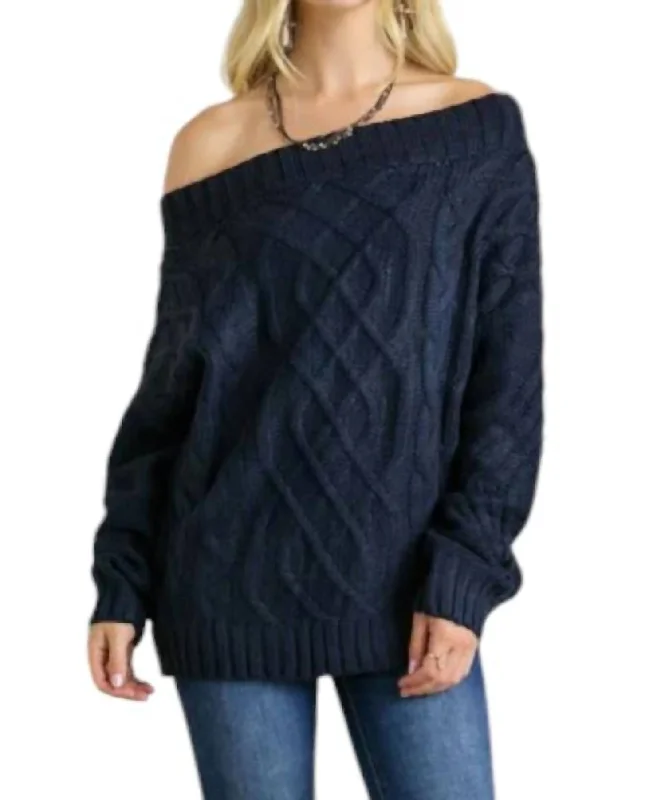 Women's Off - Shoulder Chunky Knit Sweater Dresses in Earth TonesLizzie Cable Knit Bardot Sweater In Navy